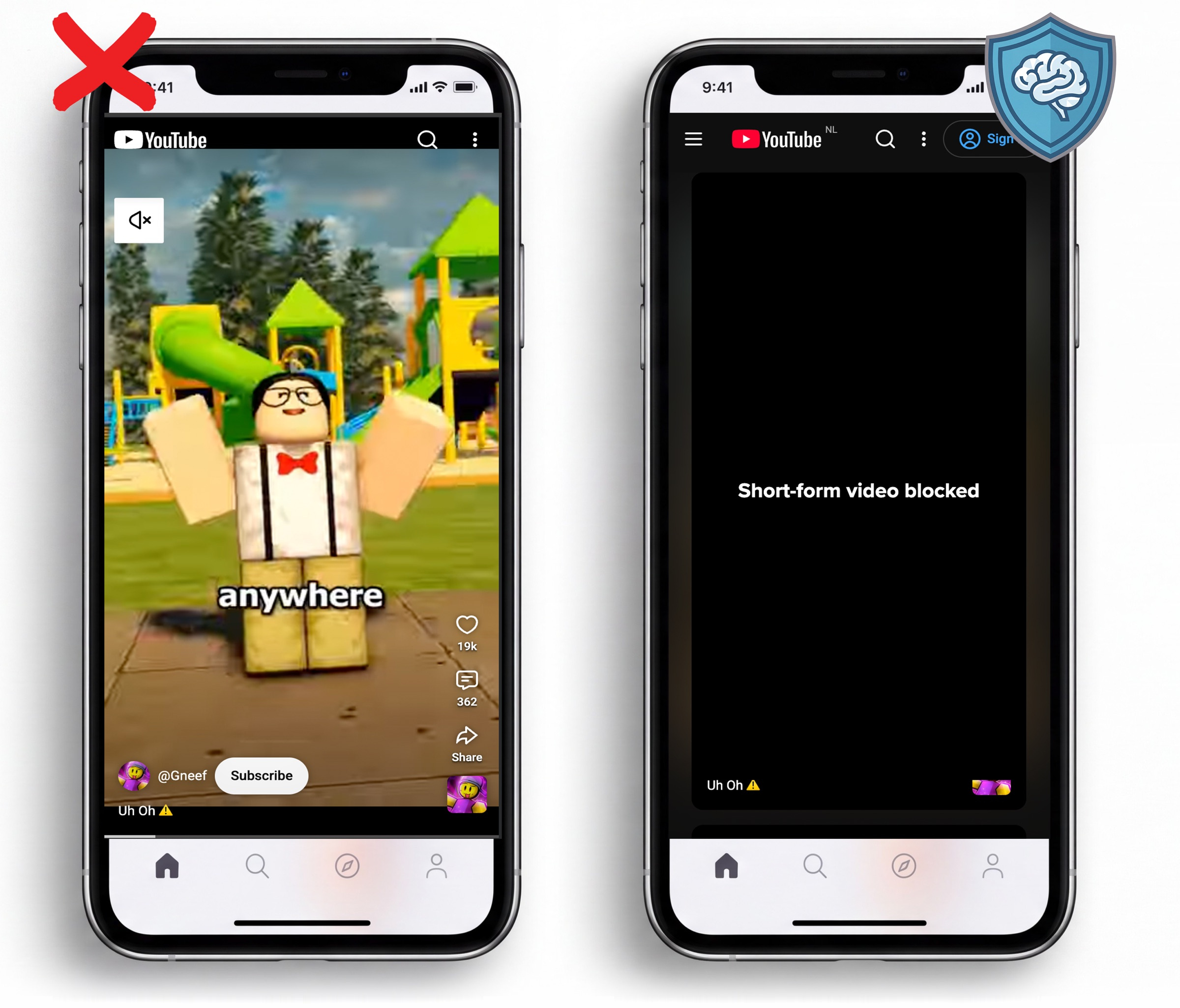 Two phones showing YouTube. The left phone, marked with a red cross, plays a vertical short. The right phone, marked with the Sedo shield, shows a black screen that reads Short-form video blocked.